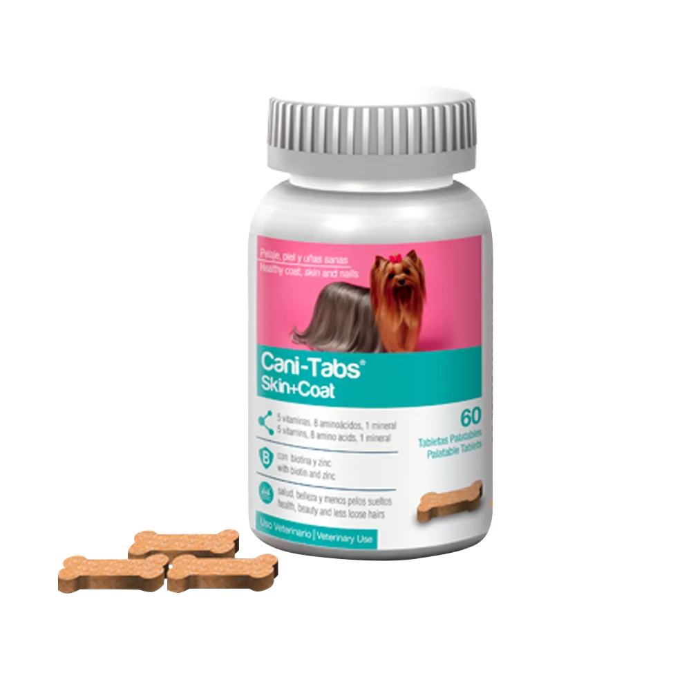 Frasco blanco con una etiqueta fuccisa y detalles calipso con 3 tabletas masticables a lado de Cani-Tabs Skink + Coat. Un suplemento alimenticio para cuidar la salud del pelaje y la piel de perros de todas las razas y tamaños