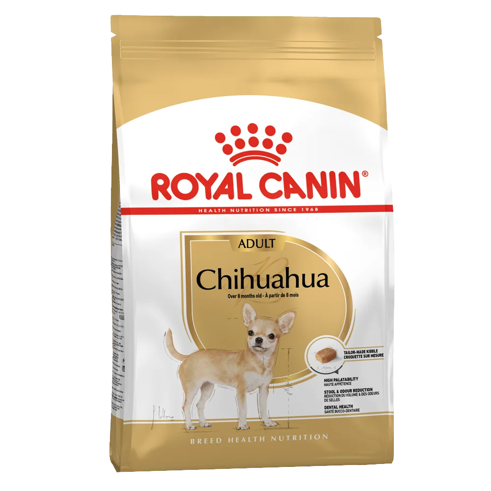 Bolsa blanca con detalles dorados de alimento especial para perros chihuahuas adultos de Royal Canin