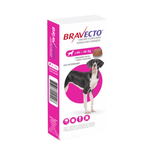 Caja de Bravecto para perros muy grandes de 40 a 56 kg, tratamiento masticable para el control de pulgas y garrapatas, con la imagen de un perro de raza grande en el frente.