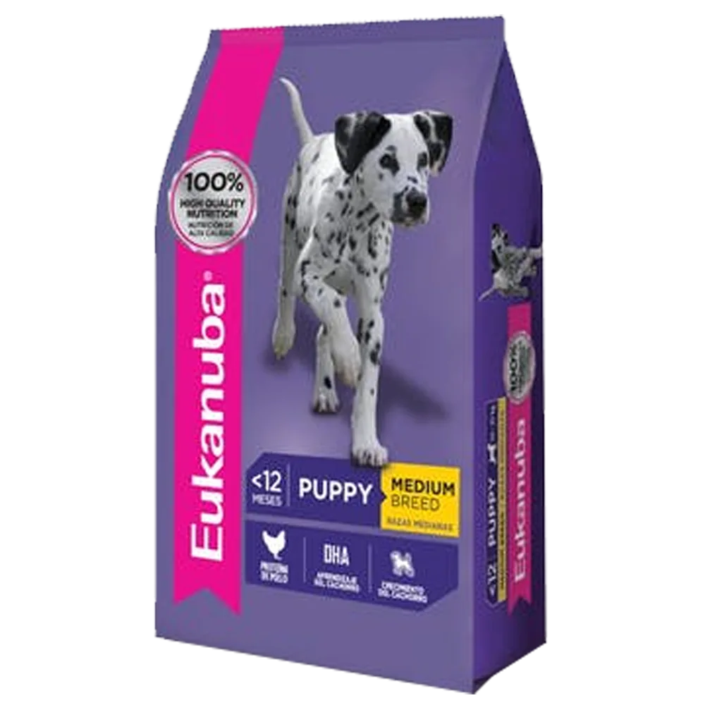 Bolsa violeta con detalles rosados de alimento Eukanuba Perro Cachorro Raza Mediana