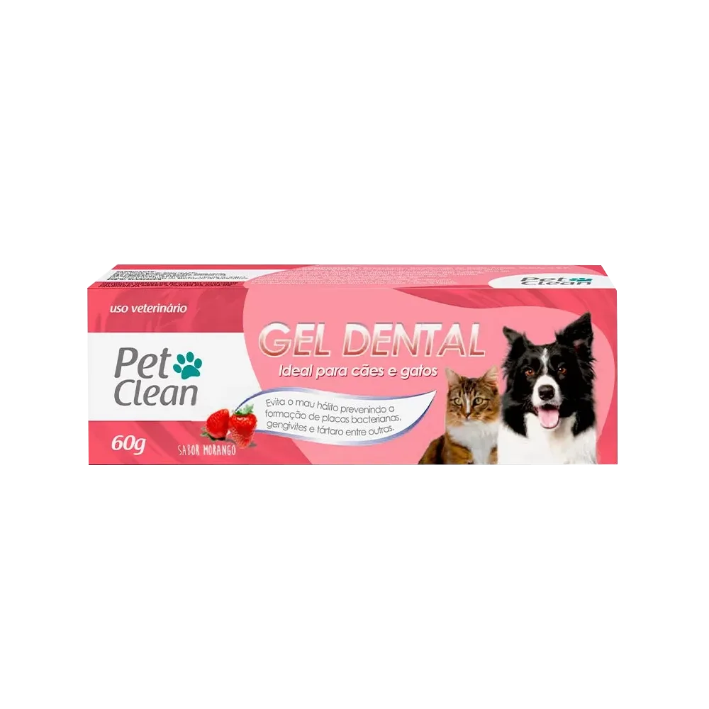 Empaque rosa con detalles blancos de Gel Dental Pet Clean sabor fresa. Tiene un gato y un perro en la portada.