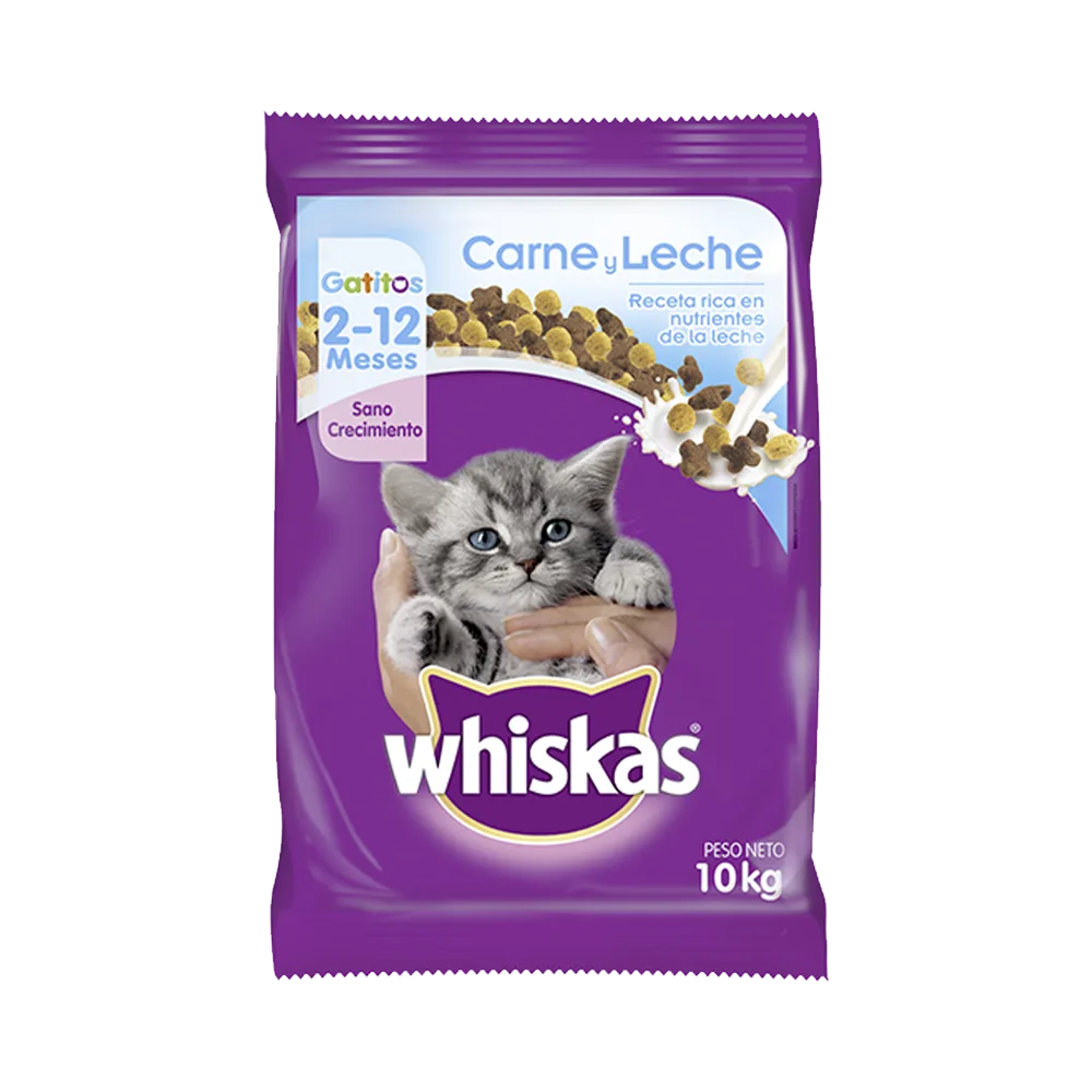 Bolsa de Whiskas Gatito sabor carne y leche en su presentación de 10kg. Es de color violeta con detalles celestes y la imagen de un gato