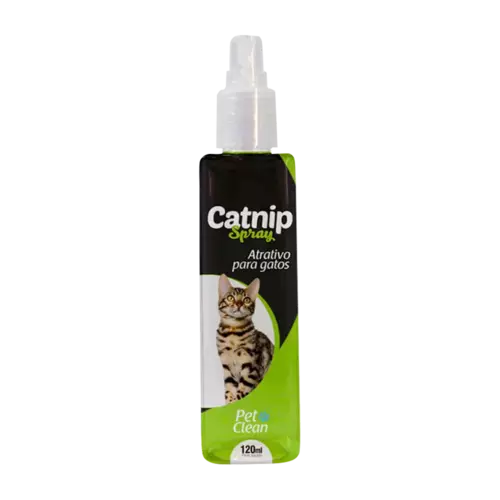 Frasco de catnip para gatos en spray de la marca Pet Clean. Es de color blanco con una etiqueta de colores negro y verde limón. Al centro tiene la imagen de un gato atigrado mirando para arriba