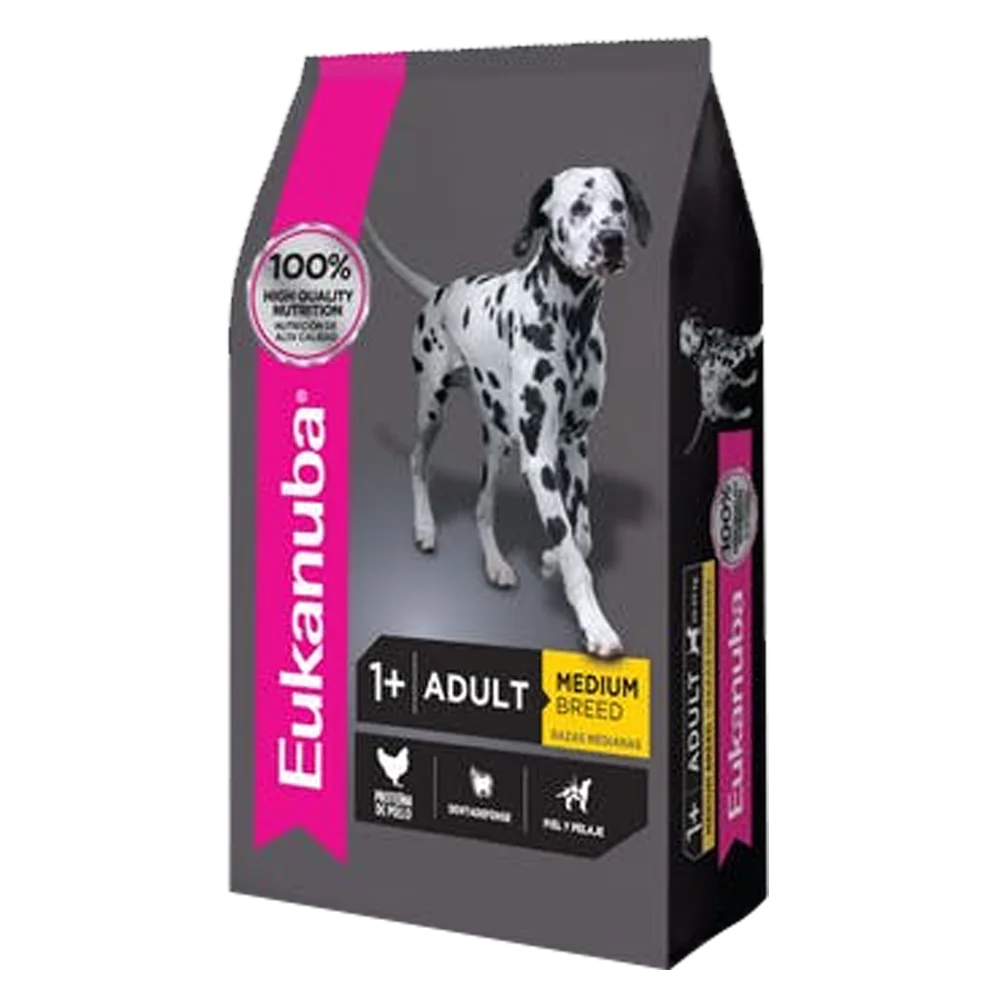 Bolsa gris con detalles rosados de alimento para perro Eukanuba Perro Adulto Raza Mediana