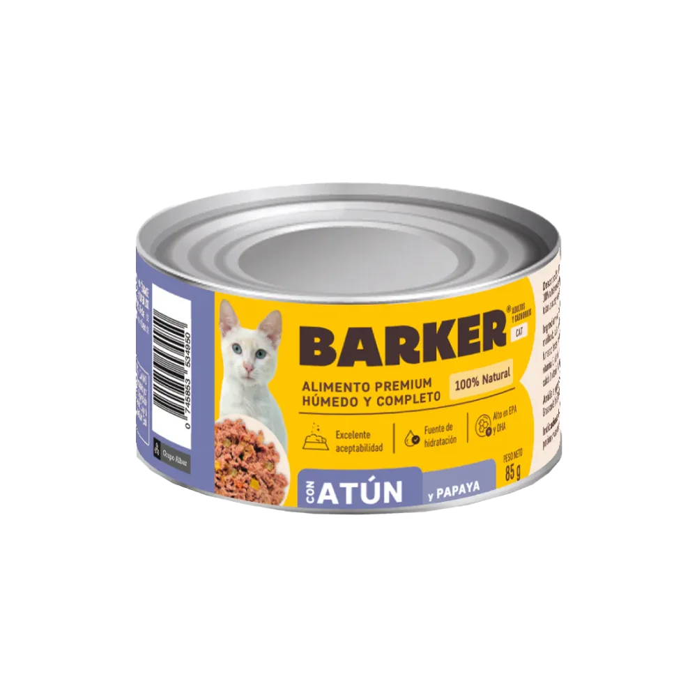 Lata color amarilla con detalles morados, es el alimento húmedo para gatos Barker Atún y Papaya