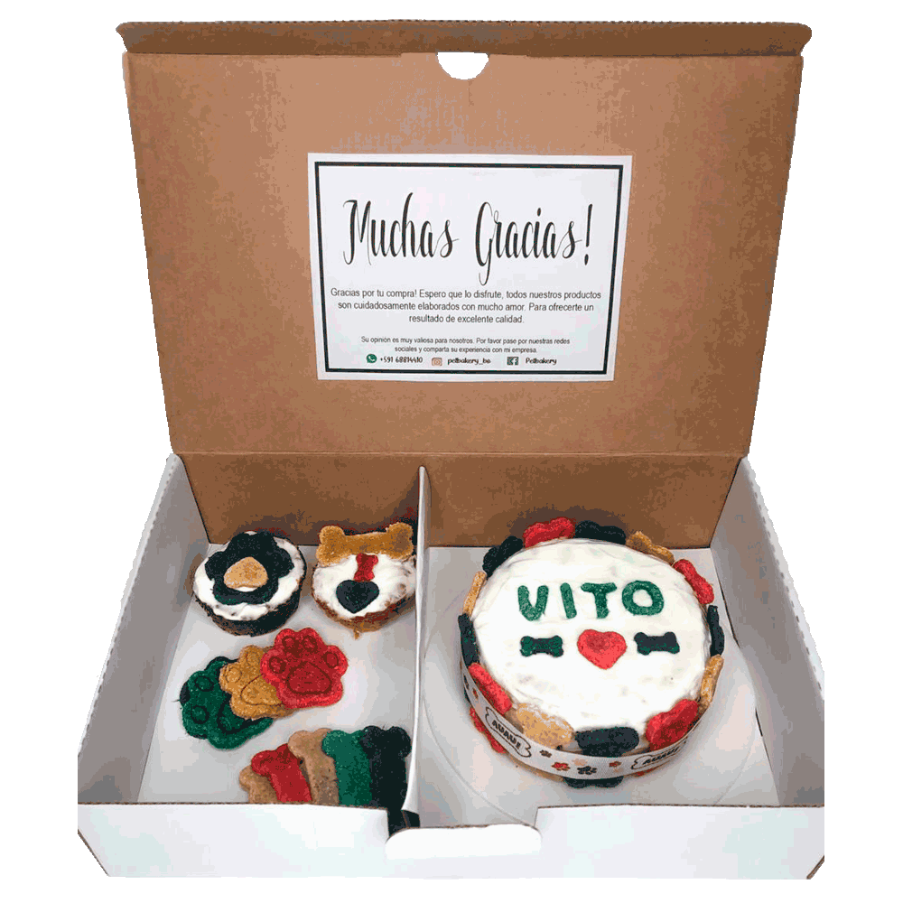Imagen de Roccobox Pequeña Pet Bakery caja que contiene una torta, dos muffins, galletas para perro y una velita