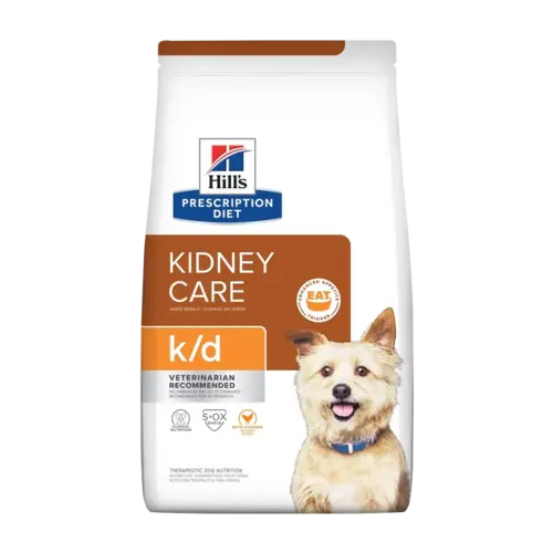 Bolsa blanca de alimento Hill's PD k/d Canine Renal Care para perros con problemas renales, la bolsa de fondo blanco tiene colores marrón y naranja, y una franja marrón en la parte superior, tiene un perro peludo de raza pequeña color beige en la esquina derecha inferior