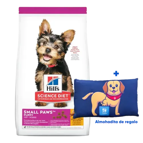 Bolsa blanca de alimento Hill's Science Diet Puppy Small Paws, es un alimento para perros cachorros de raza pequeña y mini, la bolsa tiene detalles rosados oscuros y un perro yorkshire cachorro en el centro de la bolsa.