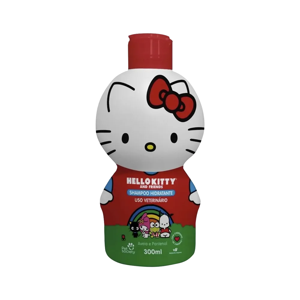 Frasco con la forma del personaje Hello Kitty, tiene un moño rojo y una tapa roja. El cuerpo de la botella es de color verde. Es un shampoo especial para perros y gatos a partir de las 8 semanas de vida. 