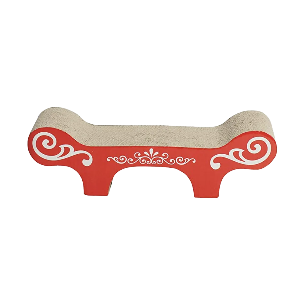 Imagen de rascador tipo banquito, está hecho de cartón corrugado y en la parte frontal tiene un patrón blanco sobre un fondo rojo. Es el Rascador Para Gatos Rojo de la línea Catit