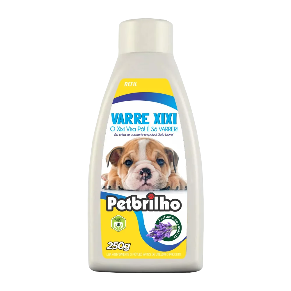 Frasco blanco con detalles amarillos y azules del producto de limpieza Barre Pipí de la marca Petbrilho, tiene un bulldog inglés cachorro en la portada y una flor de lavanda.