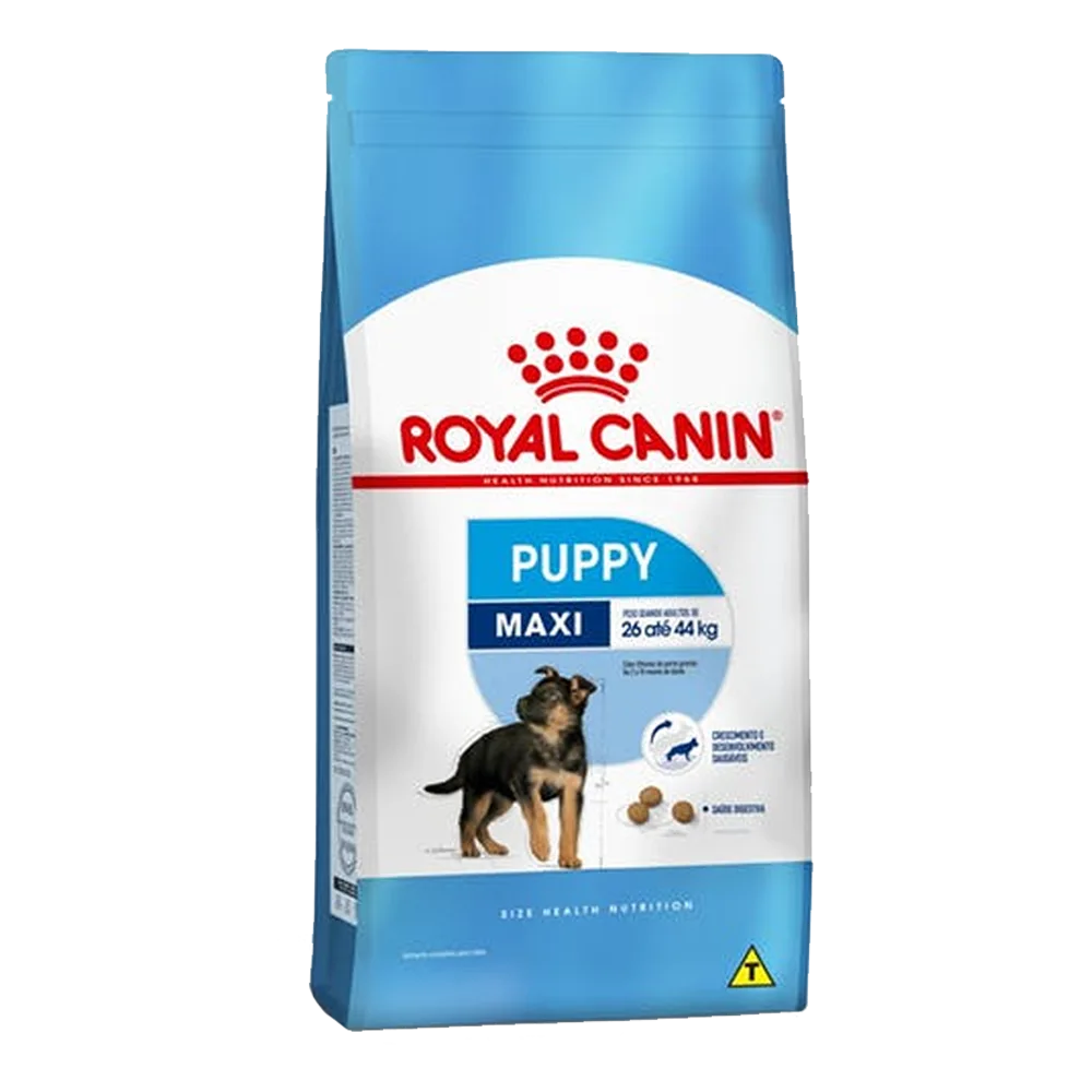 Bolsa color blanco con detalles celeste y rojo y un cachorro de pastor alemán de Royal Canin Maxi Puppy alimento para perros cachorros de razas grandes 