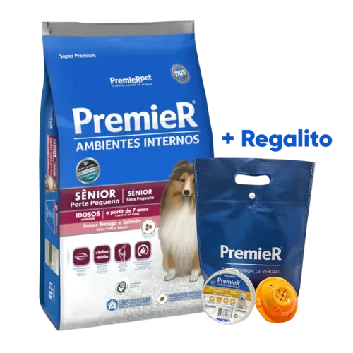 Bolsa blanca con detalles azules y guindos del alimento Premeir Perro Senior Raza Pequeña Pollo, tiene un border collie mini en la portada
