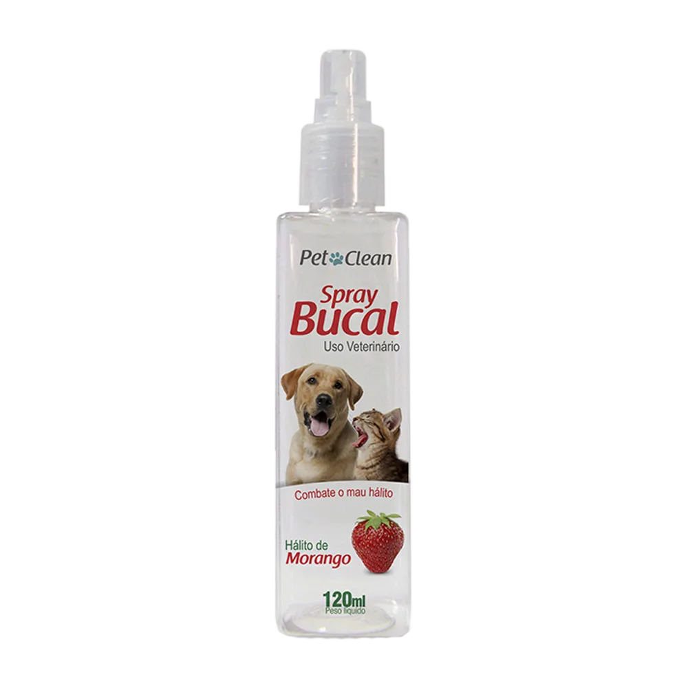 Frasco color blanco con detalles rojos, una fresa, un gato y un perro con la boca abierta en la portada de Spray Bucal Pet Clean