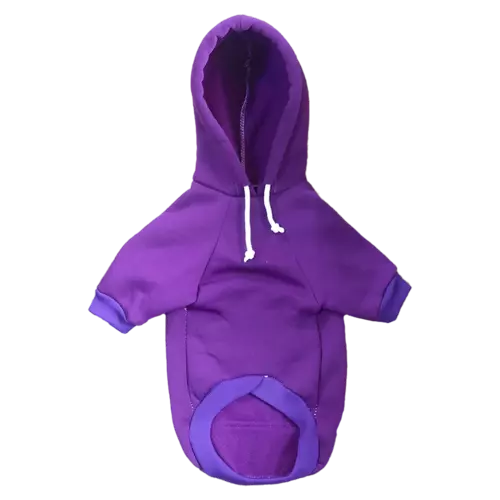 Buzo para gatos con capucha, es de color violeta con detalles azul oscuro
