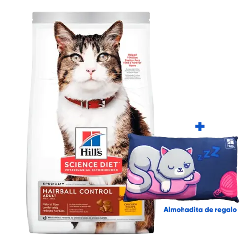 Bolsa de alimento para gatos Hill's Science Diet Feline Adult Hairball Control, es un alimento que evita la formación de bolas de pelo para gatos adultos, la bolsa es blanca con detalles naranja claro y burgoña rojizo, tiene una franja gris en la parte superior de la bolsa y en medio de la bolsa tiene un gato atigrado tabby con tonos blanco, gris y marrón claro