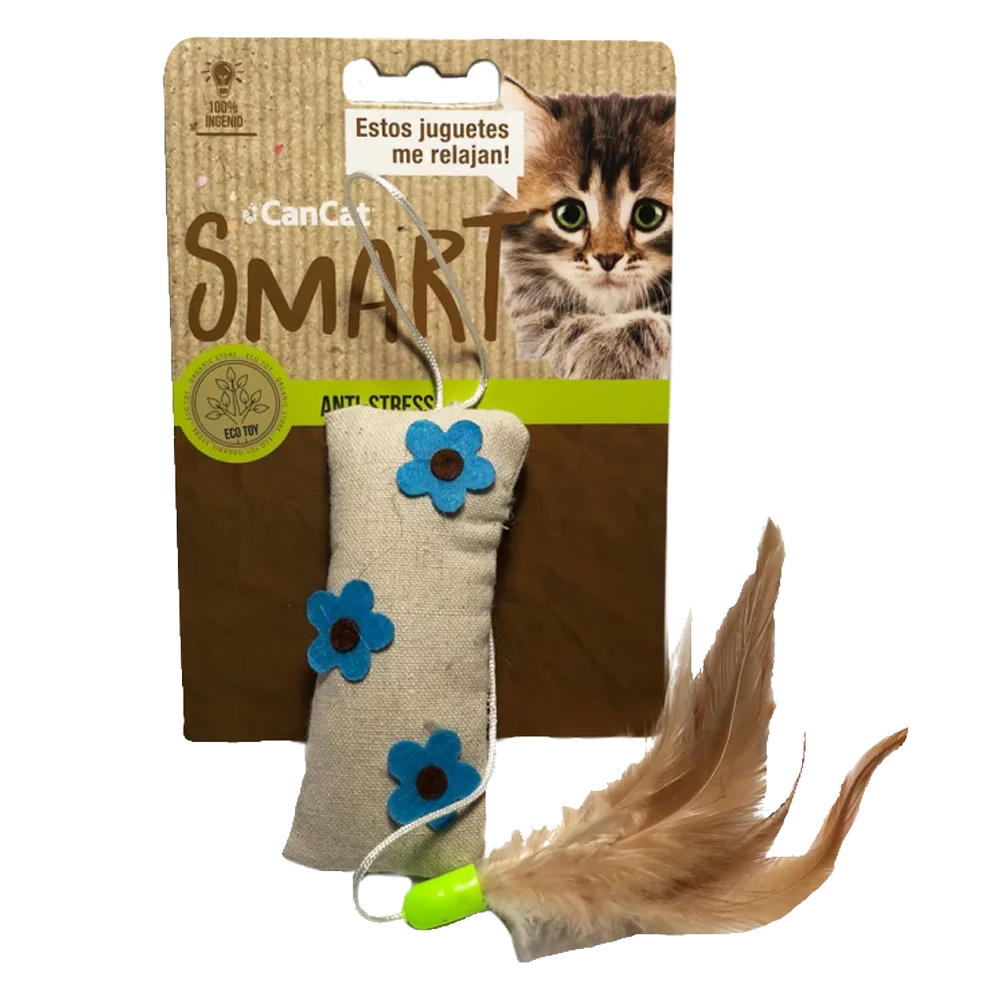 Empaque marrón de Juguete antiestrés CanCat para gatos con forma de almohadilla con flores azules y plumas marrones en la punta