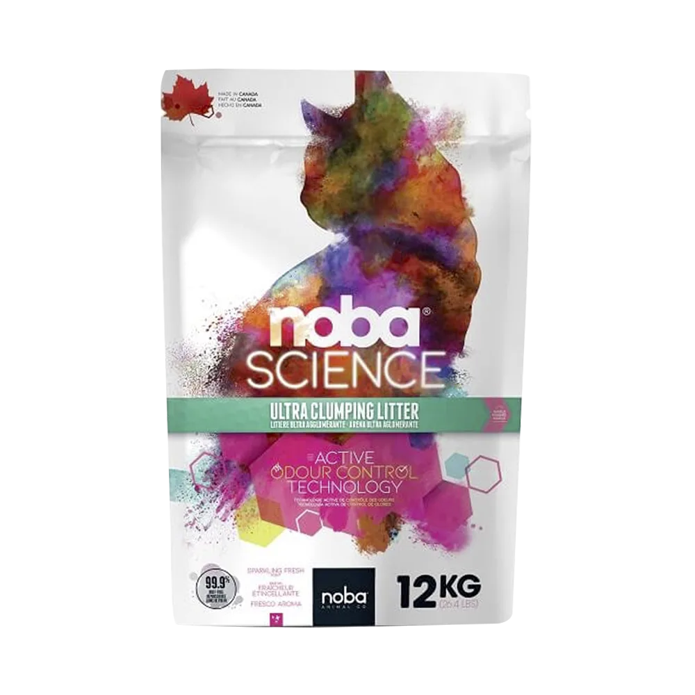 Envase de arena Noba Science de color blanco con una figura artística de un gato. Presentación de 12 kilos