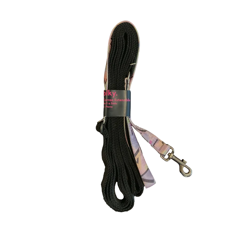 Correa Extensible talla XS con estampado en colores rosados llamado Rockola con una correa color negro que se extiende desde los 3 m hasta los 5 m de largo. 