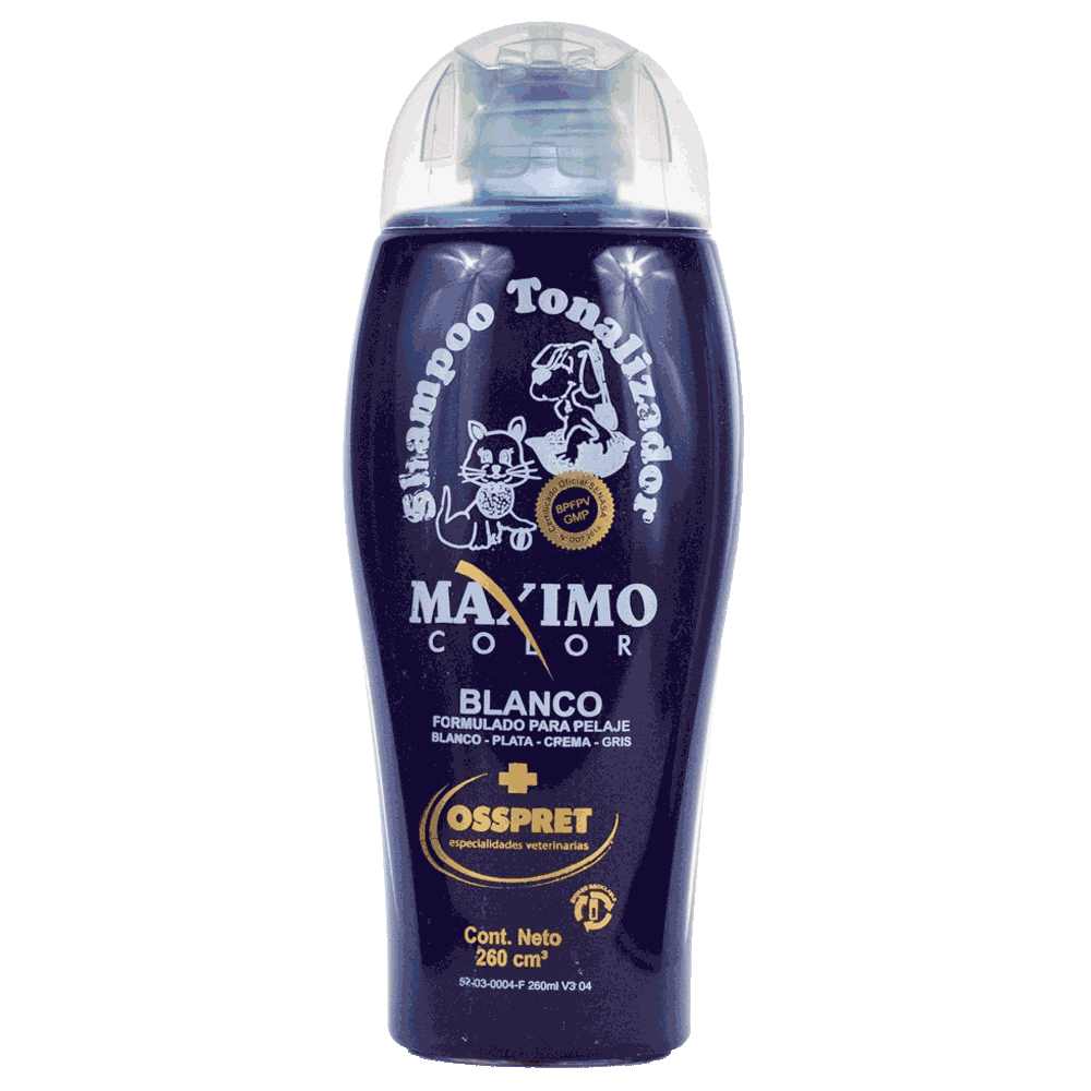 Frasco azul de Osspret Shampoo Maximo Tonalizador Blanco de 260cc