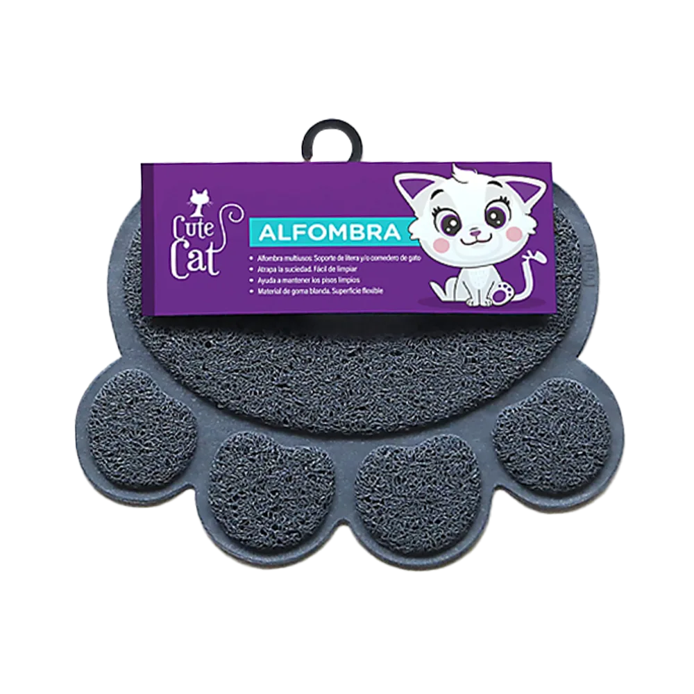 Imagen de Alfombra Cute Cat, es una superficie multiusos de goma color gris con la forma una huellita de gato. Lleva su etiqueta original de la marca Cute Cat, es color morado con celeste