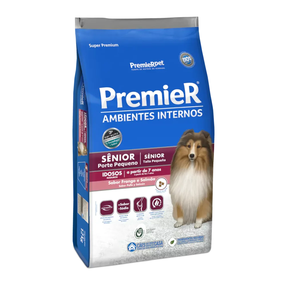 Bolsa blanca con detalles azules y guindos del alimento Premeir Perro Senior Raza Pequeña Pollo, tiene un border collie mini en la portada