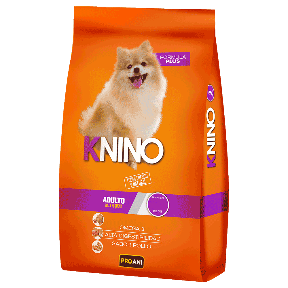 Bolsa color naranja de alimento para perros Knino Adulto Raza Pequeña