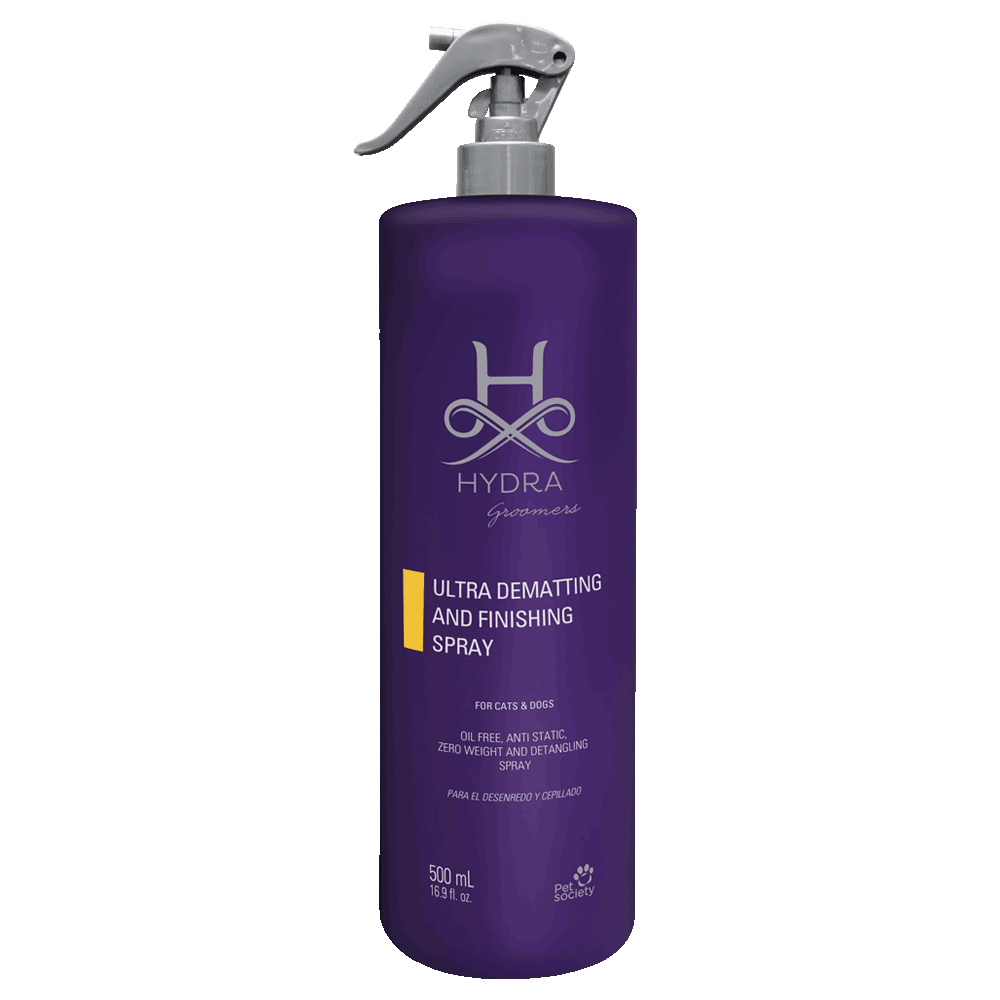 Botella violeta de spray abrillantador y desenredador de nudos para todo tipo de mascotas de Hydra Groomers Ultra Dematting and Finishing Spray 