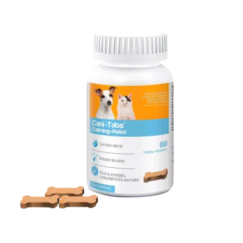 Frasco de Cani-Tabs Calming-Relax, un suplemento natural para la calma y relajación de perros, con 60 tabletas masticables.