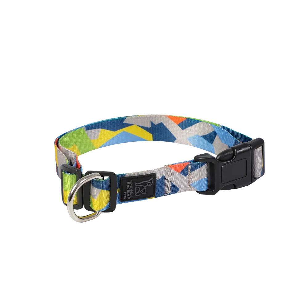 Collar Totto modelo Mylu regulable para perros en talla S. Es de color verde con detalles geométricos rojos y azules