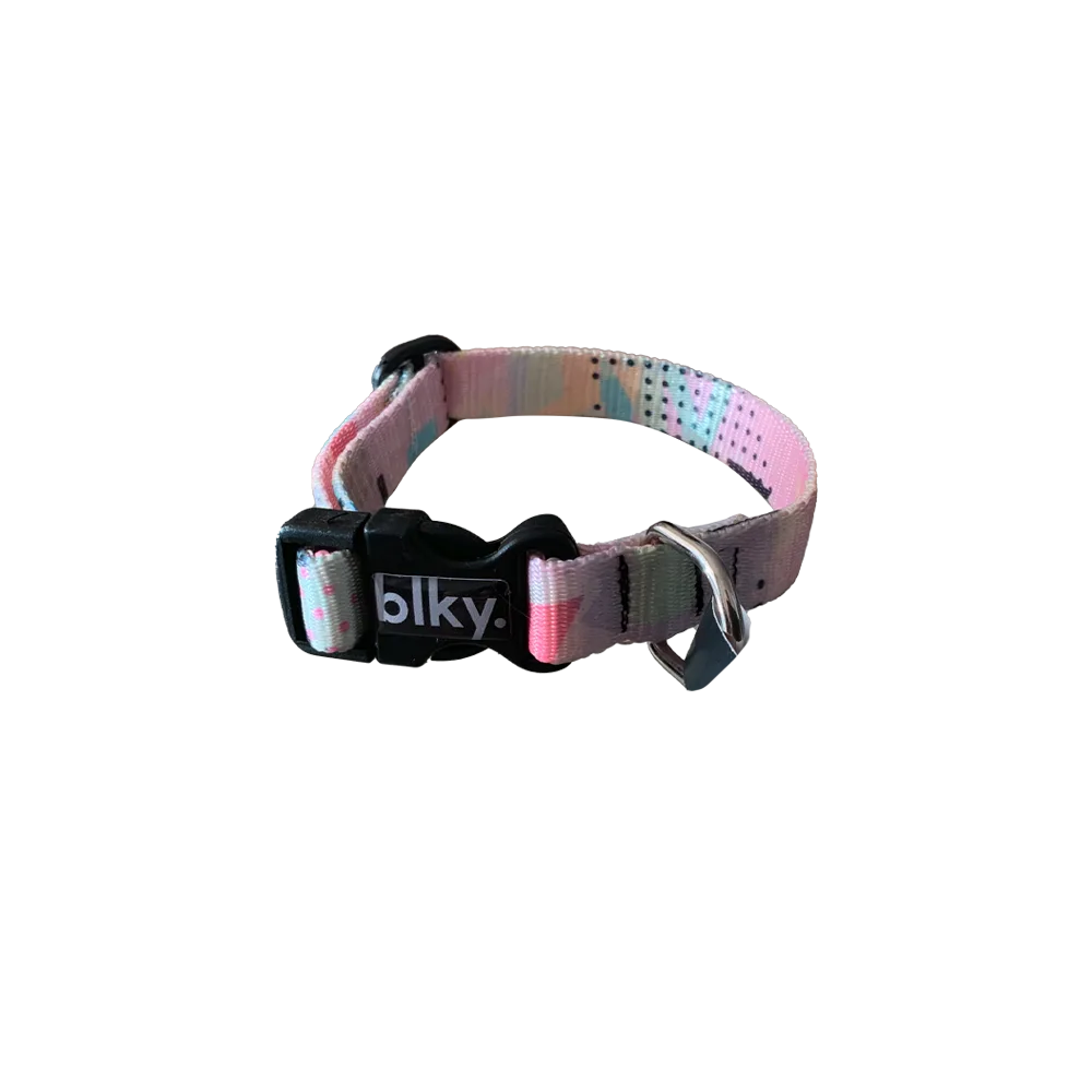 Collar Blky Talla XS con un estampado de formas geométricas en colores pasteles , una hebilla plástica click negra y un aro de metal para colgar una placa