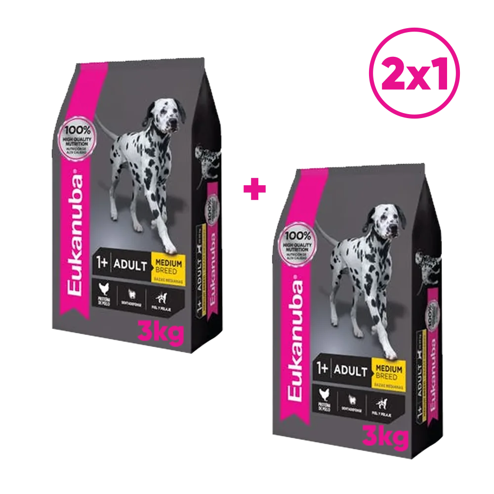 Bolsa gris con detalles rosados de alimento para perro Eukanuba Perro Adulto Raza Mediana