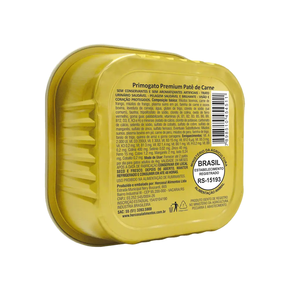 Imagen de la vista trasera de una lata de Primogato Pate de Carne. Es de color bronce y tiene una etiqueta en la que está toda la información nutricional del alimento