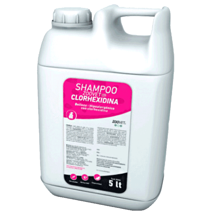 Galón de 5 Litros color blanco con detalles fucsia y negro de Zoovet Shampoo con Clorhexidina para perros y gatos 