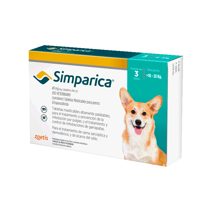 Empaque de Simparica Perros de 10 a 20 kg de color blanco con detalles verdes y amarillos