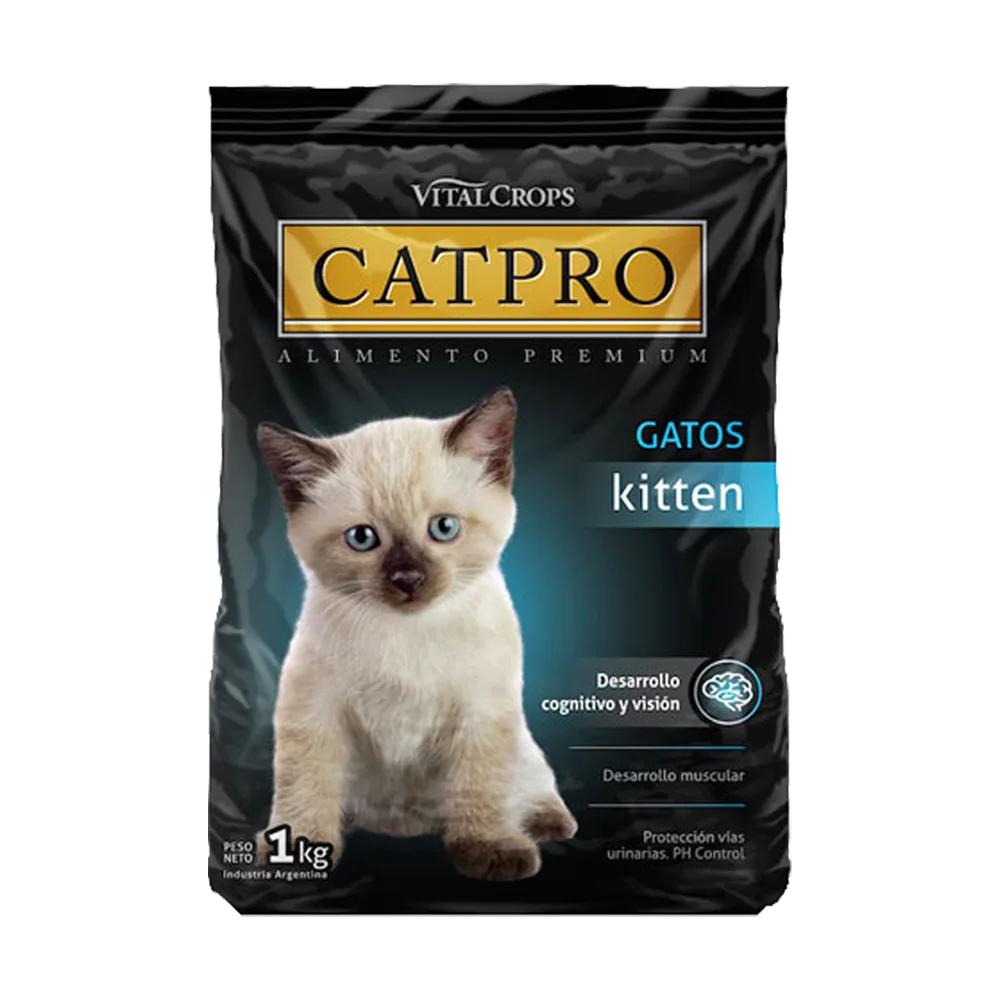 Bolsa negra de 1 kg de CatPro Kitten con detalles calipso y dorados y un gatito bebé siamés en la portada. Alimento seco para gatos cachorros hasta los 12 de edad
