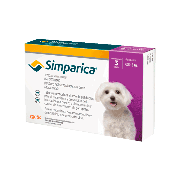 Empaque de Simparica 2,5 a 5kg de color blanco con detalles violetas y amarillos