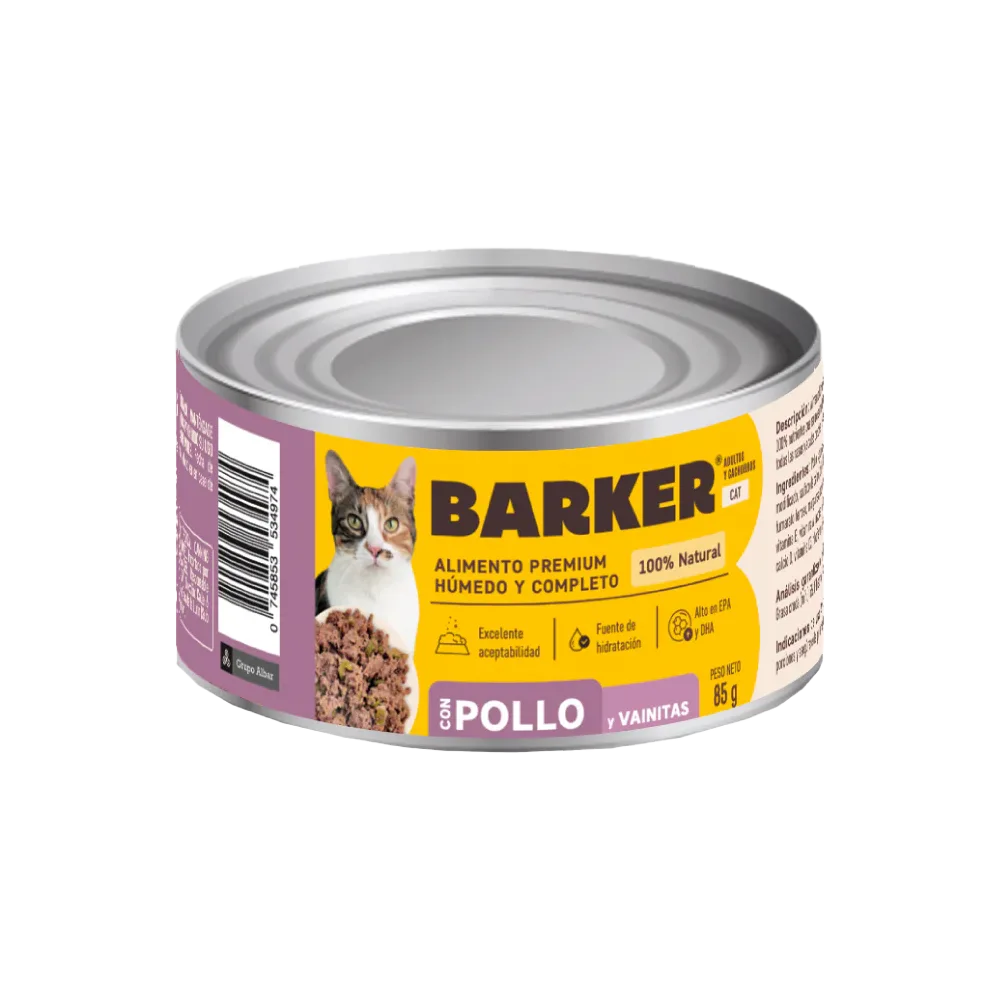 Lata color amarilla con detalles rosados, es el alimento húmedo para gatos Barker Pollo y Vainitas