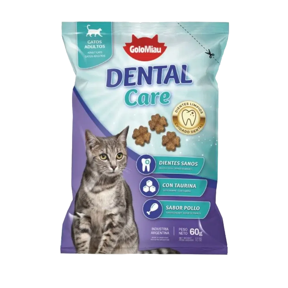 Empaque morado con detalles celestes de snacks para gatos GoloMiau Dental Care, combate el sarro y ayuda con la limpieza dental