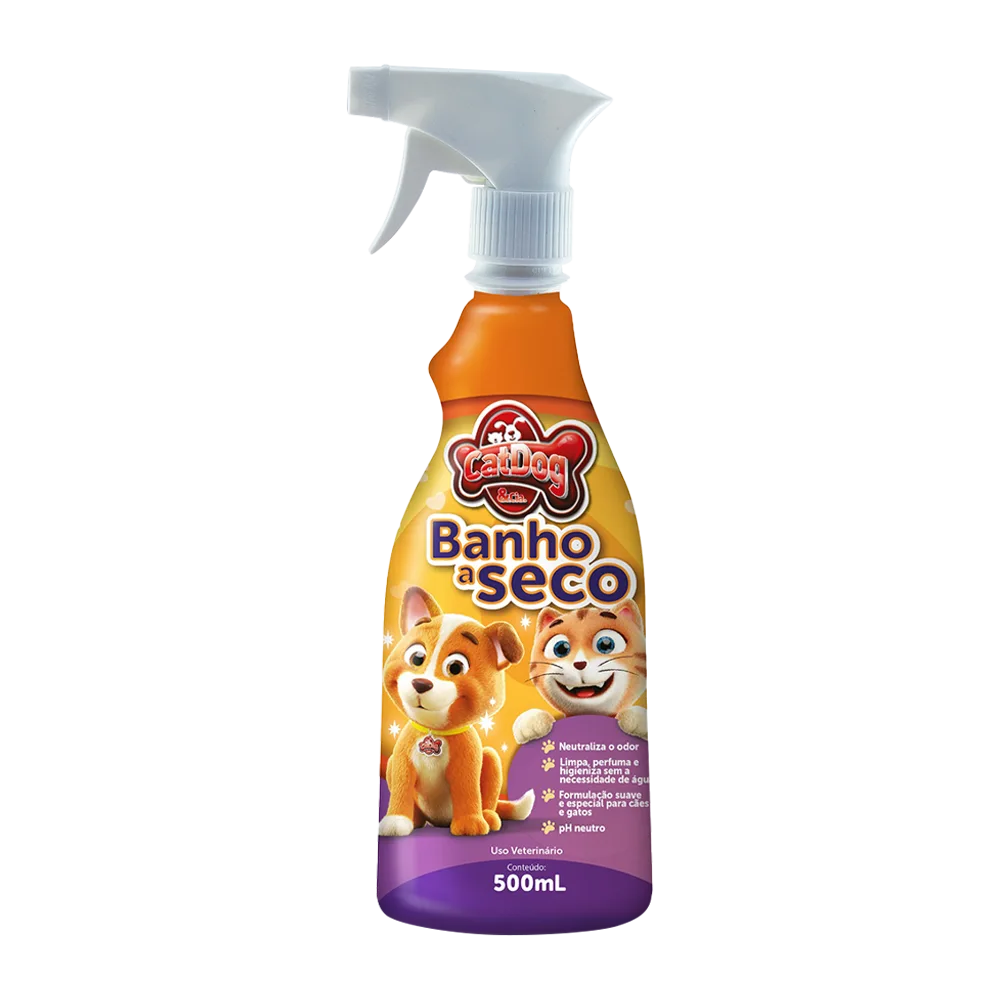 Frasco pulverizador color naranja con detalles morados del producto Baño Seco para gatos y perros de la marca CatDog