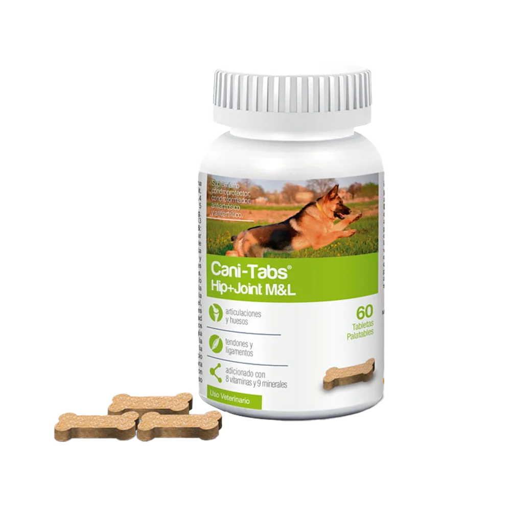 Frasco blanco con detalles verde limón y un perro pastor alemán en la portada de tabletas Cani-Tabs Hip + Joint M&L es un suplemento para perros con problemas de artritis y artrosis