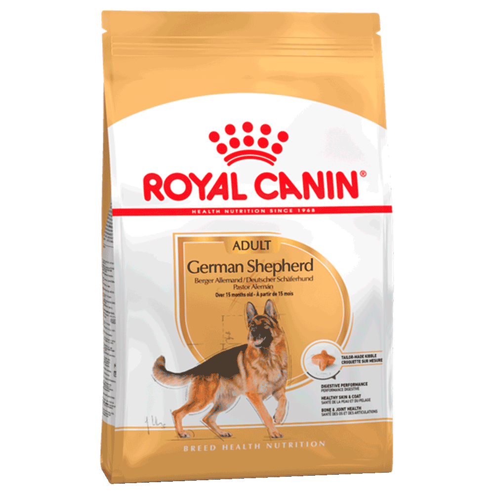 Bolsa blanca y naranja de alimento Royal Canin Pastor Alemán Adulto para perros adultos de raza pastor alemán