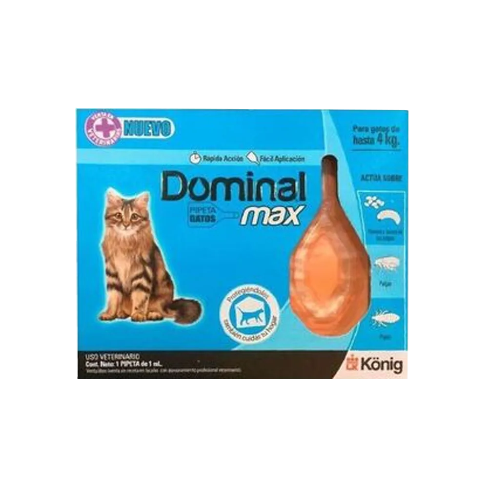 Caja azul con detalles negros y un gato en la portada de Dominal Spot On Gatos Hasta 4 kg pipeta antiparasitaria externa para gatos 