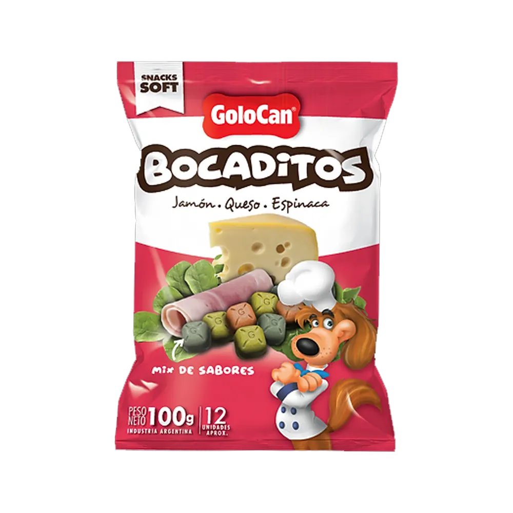 Empaque color blanco con detalles fuccia de snack para perros GoloCan Bocaditos Jamón Queso y Espinaca, es un snack suave para perros de toda talla y edad