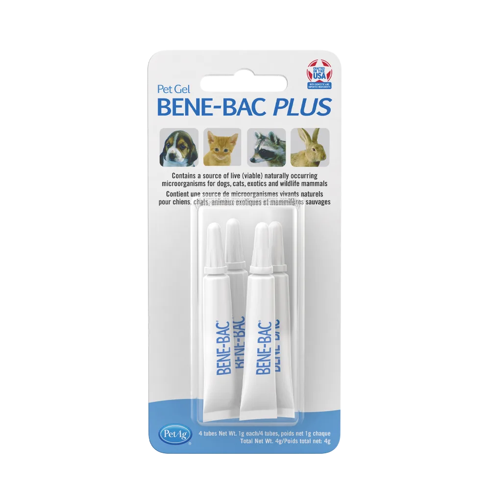 Pack con 4 tubos de gel color blanco de 1 g. Tiene detalles celestes y 4 pequeñas fotos de un gato y perro cachorro, un conejo y un mapache. Son los probióticos Bene-Bac Plus Gel para animales pequeños