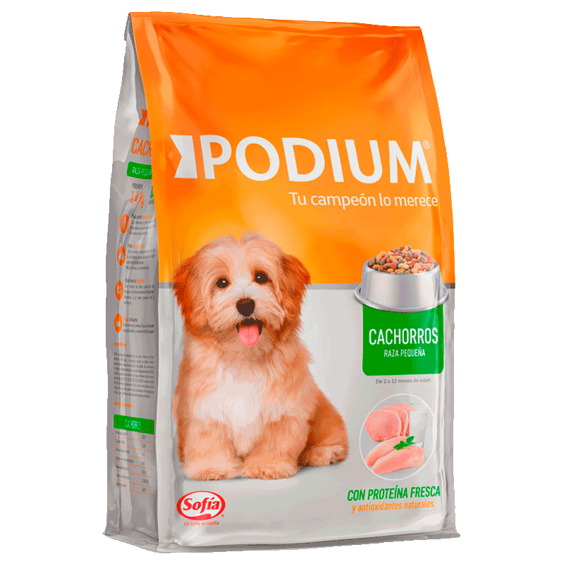 Bolsa blanca y naranja de alimento para perros Podium Cachorro Raza Pequeña
