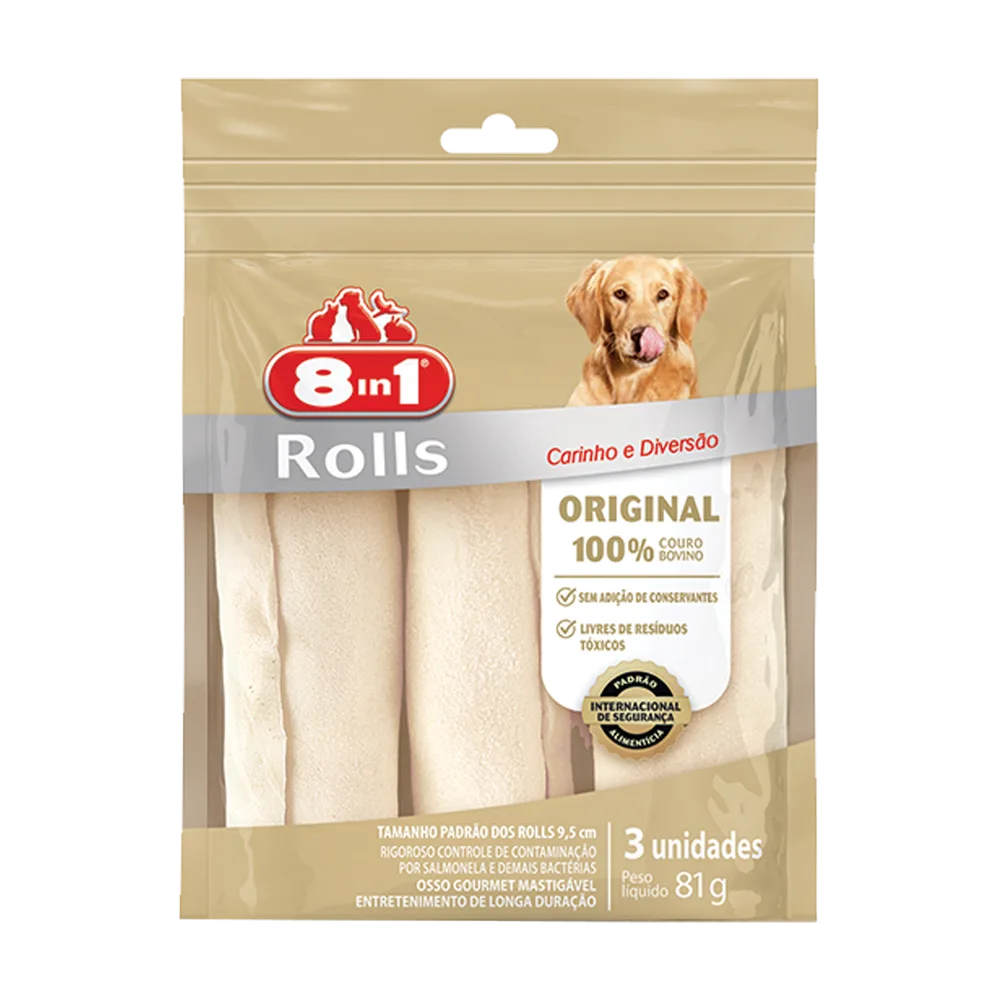 Empaque de Rollos Masticables 8in1. Es de color dorado con una transparencia que permite ver los 3 rollos masticables. Muestra el logo de la marca y un perro labrador lamiendose el hocico