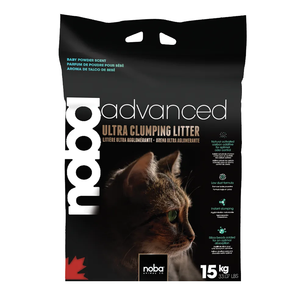 Bolsa de arena para gatos Noba Advanced, es negra con letras doradas y verdes y la palabra NOBA en blanco al costado izquierdo, tiene un gato en el centro de la bolsa con luz en penumbra.