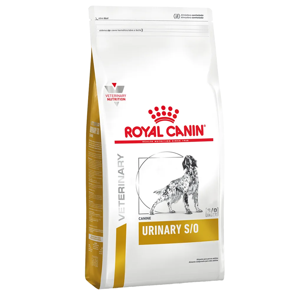 Bolsa blanca con detalles verdes de alimento Royal Canin Urinary S/O Canine para perros con problemas urinarios