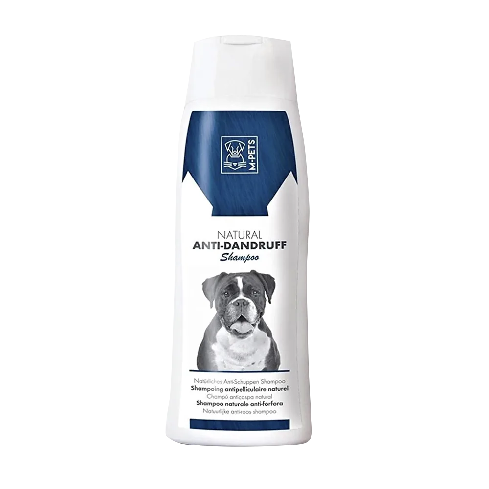 Frasco color blanco con una etiqueta color azul marino del Shampoo Anti-Caspa de M-Pets